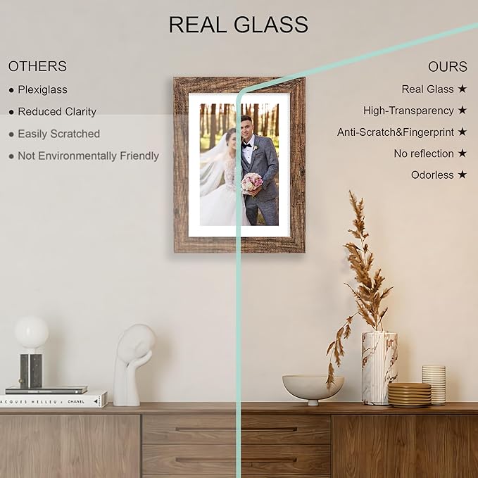 7x10 Picture Frame Set of 4, Made of Real Glass and Rustic Brown Frame - Display Picture 5.5x8.5 with Mat or 7x10 Without Mat, 7 by 10 Photo for Wall or Tabletop