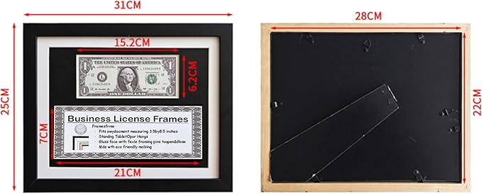 8.5x11 Business License Frame, Black Wood Grain Finish, UV Resistant, Holds 1st Dollar & 3x8.5 License, Includes Easel & Wall Hanger