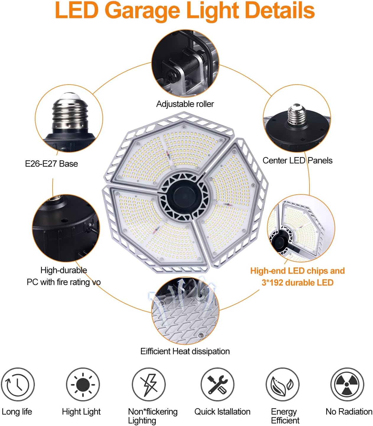 KERNOWO LED Garage Lights, 140W 18500 Lumens Garage Lighting, 6000K Daylight with Deformable Three Panel Ceiling Light Fixture E26/E27 Triple Glow LED Shop Light for Basement Workshop Warehouse