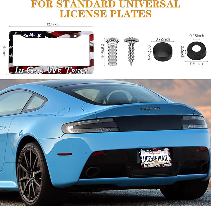 in God We Trust Christian American Flag License Plate Frames - 2 Pack Front Rear Patriotic US Flag Stainless Steel Metal Rust-Proof Waterproof Car Tag Frame Holder Covers with Screws Fasteners Caps
