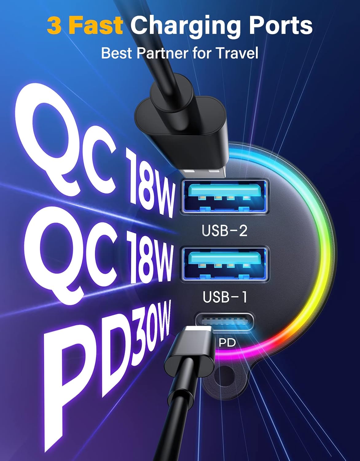 JOYROOM 66W Bluetooth 5.4 Car Adapter Aux with 3 Charging Ports【PD 30W & 2 * 18W】【Air Vent Installation for Safe】 Deep HiFi Bass Player Wireless Radio FM Transmitter for Car with Colorful LED Light