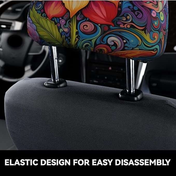 Dujiea 2 Pack Hippie Flower Car Headrest Covers, Universal Soft Car Seat Head Rest Cover Protector, Vehicle Accessories Fabric Headrest Cover for Cars Vans Trucks