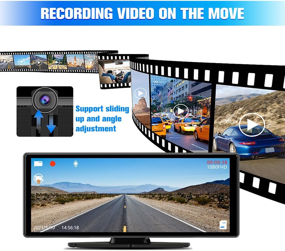 Portable Wireless CarPlay Screen for Car with 4K Dash Cam+1080P Backup Camera, 10.26”IPS Touchscreen Car Stereo, Supports CarPlay/Android Auto/Voice Control/GPS Navigation/Bluetooth/Mirror Link