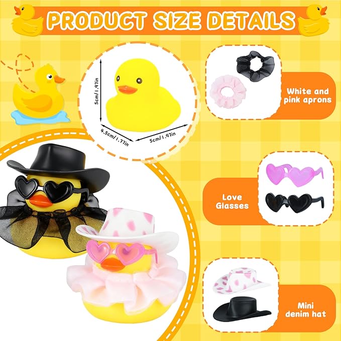 2 Pcs Cowboy Rubber Ducks for Car Dashboard Decorations, Pink Polka Dot & Black Cowgirl Duck with Hat, Glasses and Tulle Skirt, DIY Car Duck Accessories, Squeaky Stress Relief Toy Gift