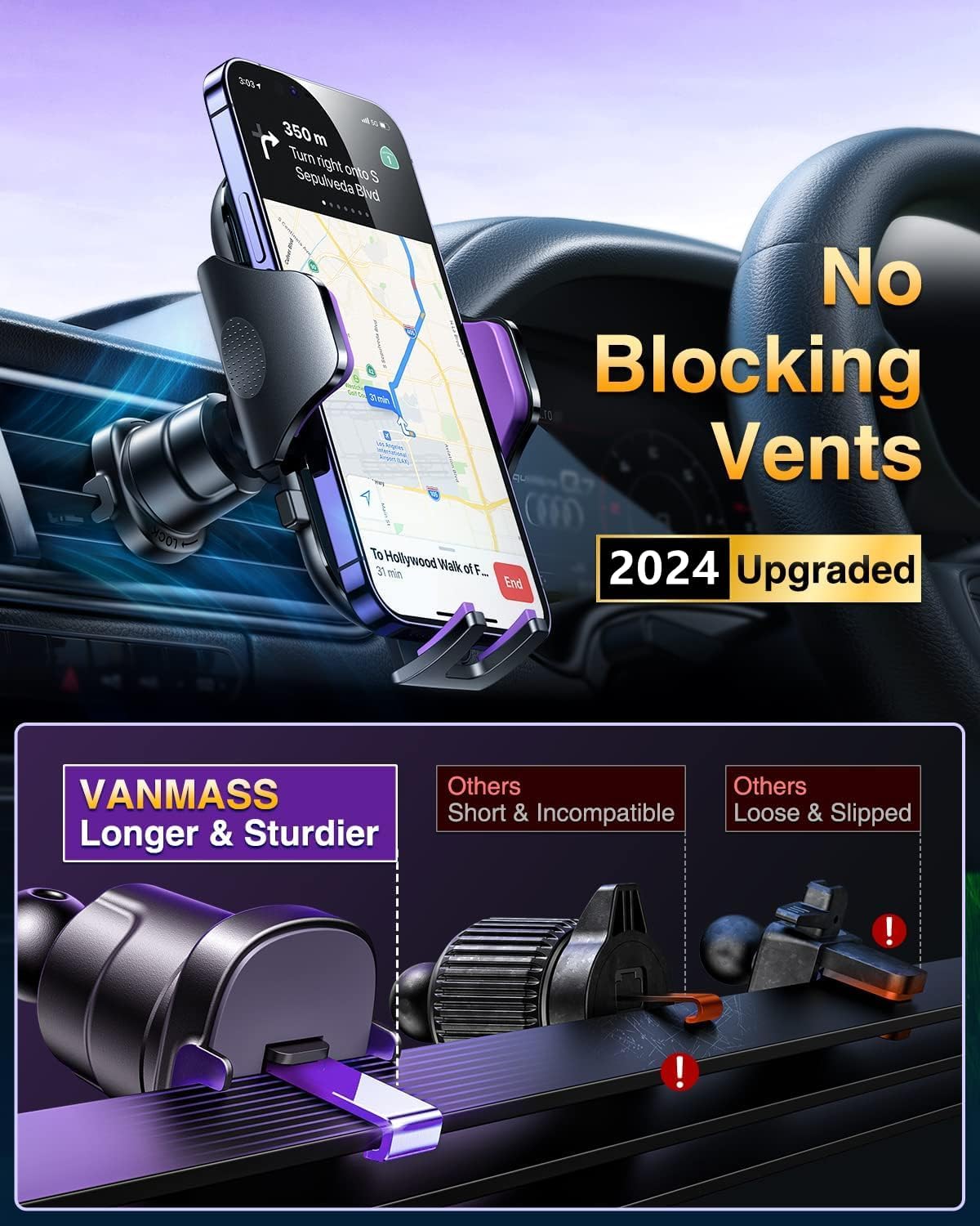 VANMASS [True Military-Grade] Car Phone Holder [Upgraded Suction & Clip] Cell Phone Mount for Dashboard Windshield Vent Truck Cradle Dash Stand for iPhone 16 Pro Max 15 14 13 12 Android, Purple