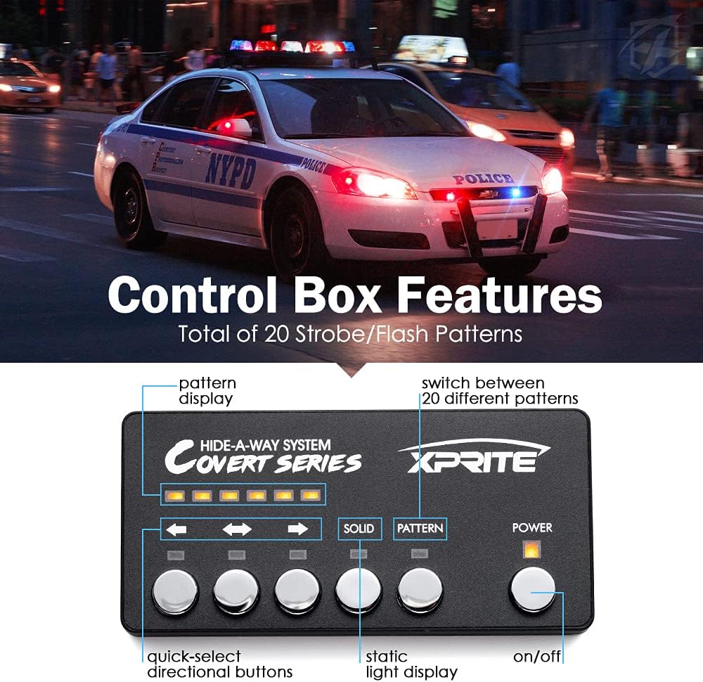 Xprite Red Blue LED Hideaway Strobe Police Lights Kit, 20 Flashing Patterns w/Control Panel for Headlights Taillights Hazard Warning Mounting, for Emergency Vehicles Volunteer Cop Cars Trucks 6PCS