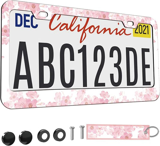 1pcs Pink Cherry Blossom Floral License Plate Frame for Women,Pink Sakura car Decorative tag Frames Girly,Japanese Cherry Blossom License Plate Cover Holder for Vehicle with car Keychain tag