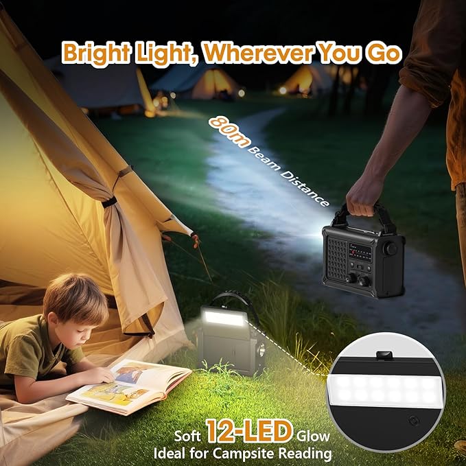 Raynic NOAA Weather Radio 12000mAh, Emergency Weather Radio with 2X Faster Solar & Hand Crank Charging, 5W Flashlight, Reading Lamp, Cell Phone Charger, SOS for Hurricane, Storm, Camping (Black)