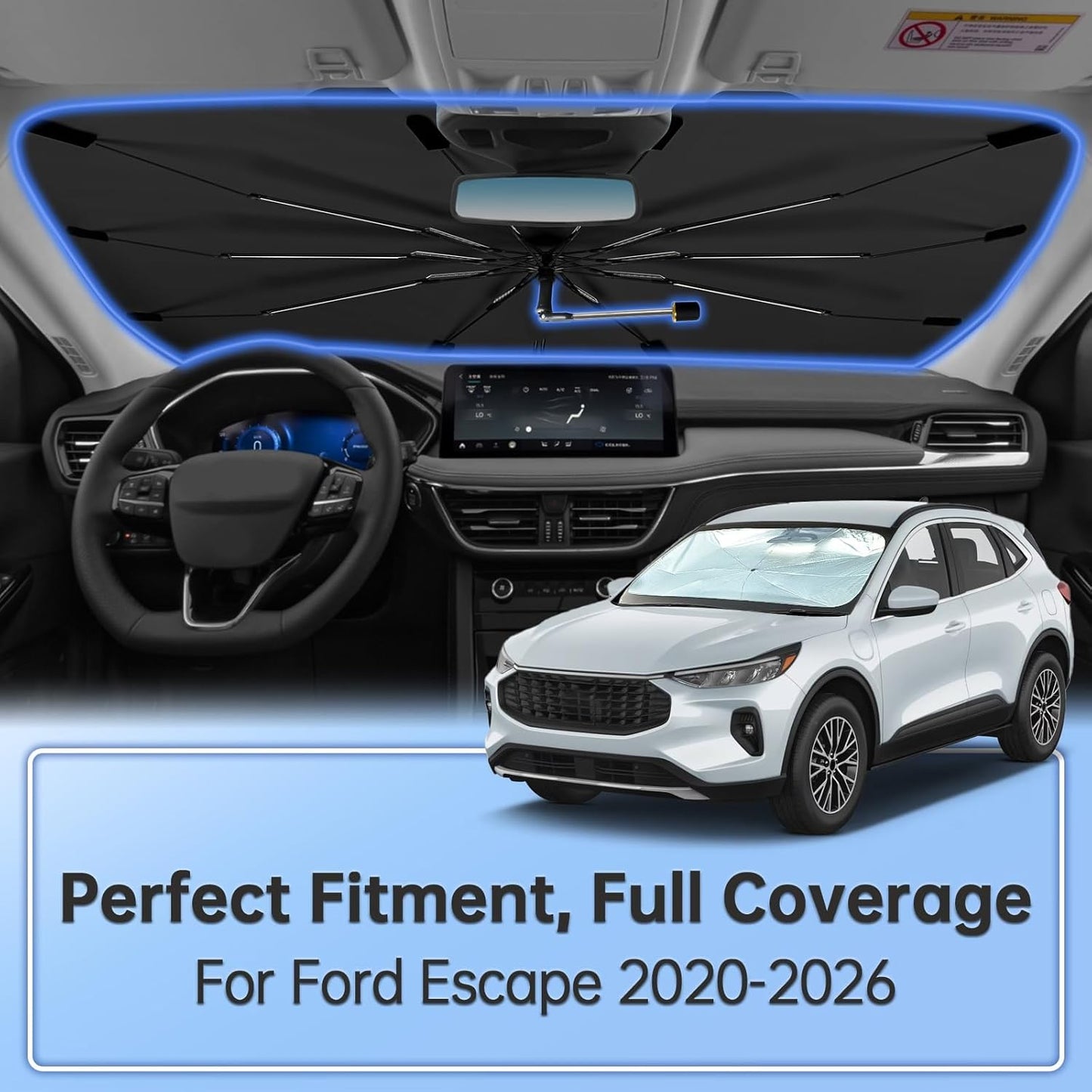 Windshield Sun Shade Umbrella for Ford Escape 2020-2026, Foldable Car Sunshade for Front Window, Highly Reflective Windshield Sun Shield Visor for UV Protection, Keep Car Cool Accessories