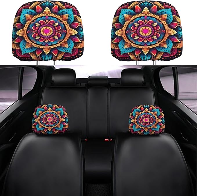Dujiea 2 Pack Boho Mandala Turquoise Car Headrest Covers, Universal Soft Car Seat Head Rest Cover Protector, Vehicle Accessories Fabric Headrest Cover for Cars Vans Trucks