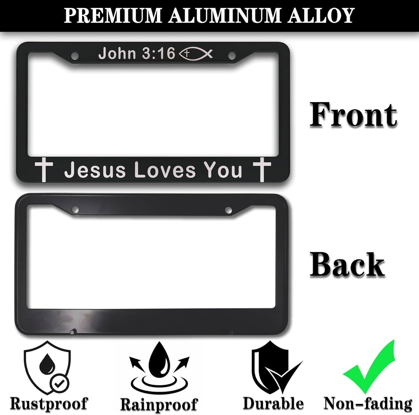 License Plate Cover Black and White License Plate Frames John 3:16 Jesus Loves You Universal Aluminum Car Accessory 2 Pack with Screw Covers Set