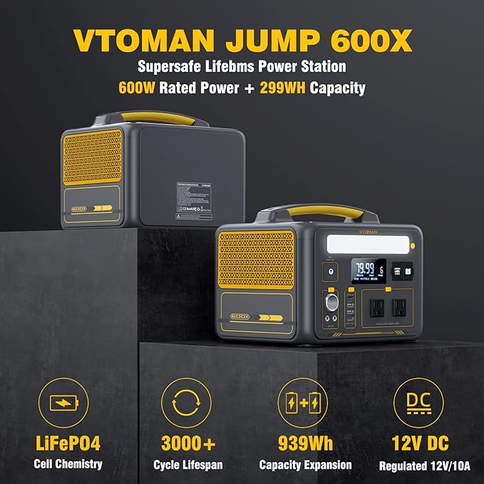 VTOMAN Jump 600X 600W Portable Power Station with 640Wh Extra Battery，939Wh Solar Generator LiFePO4 Battery, 1200W AC Outlet, PD 60W USB-C, 3x Regulated 12V/10A DC for Camping, Off-grid, Home Backup