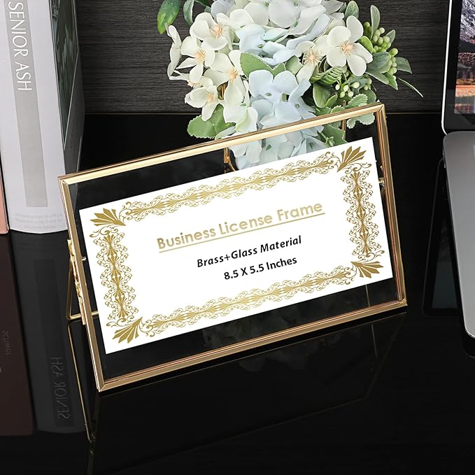 JUXYES Tabletop Business License Frame Brass License Certificate Display Frame, Double Glass Floating Diploma Frames, Desktop Golden Graduation Frames for 5.5x8.5 Certificate Business Licenses