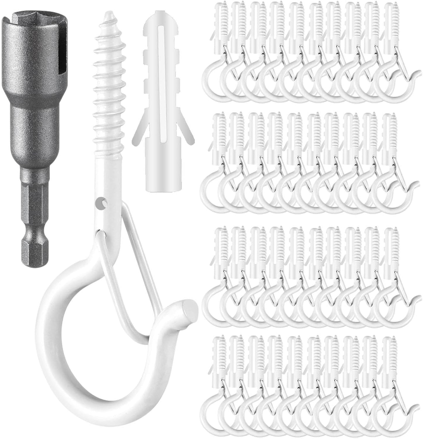 48 PCS Q-Hanger Hooks, Screw Hooks for Outdoor String Lights, Safety Buckle Design Cup Eye Hook for Hanging Christmas Lights, Plants, Mounted on Wall Ceiling, Include 1 Wing Nut Driver, White