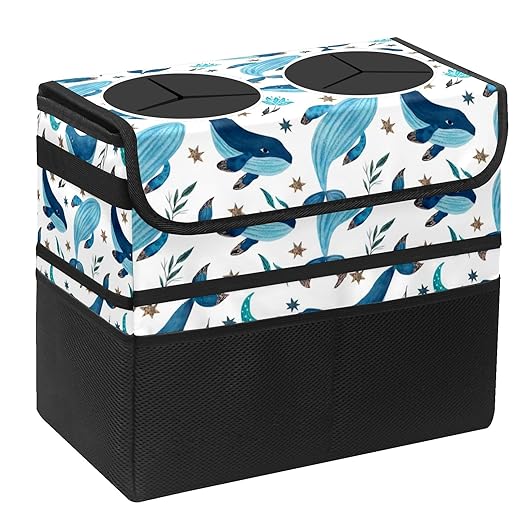 Car Trash Can Vintage Blue Whale Stars Large Storage Garbage Can with Lid Hanging for Back Seat Leakproof Automotive Vehicle Trash Bin