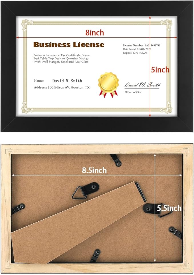 Golden State Art, 8.5 x 5.5 Business License Frame, Black Solid Wood with Tempered Glass, Wall and Table-top Display, Easel Back, 10 Pack