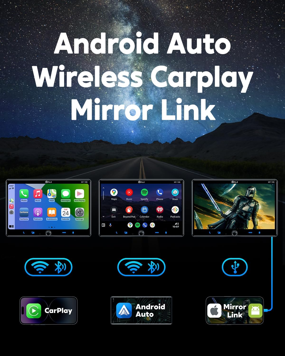 PLZ Single Din Car Stereo Wireless Apple Carplay Android Auto Radio, 10.1" Car Play Touch Screen, Bluetooth 5.3 Car Audio Receiver, 4.2 Channel 240W, Subwoofers, Backup Camera, Navigation, FM/AM, SWC