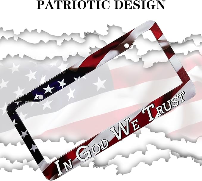 in God We Trust Christian American Flag License Plate Frames - 2 Pack Front Rear Patriotic US Flag Stainless Steel Metal Rust-Proof Waterproof Car Tag Frame Holder Covers with Screws Fasteners Caps