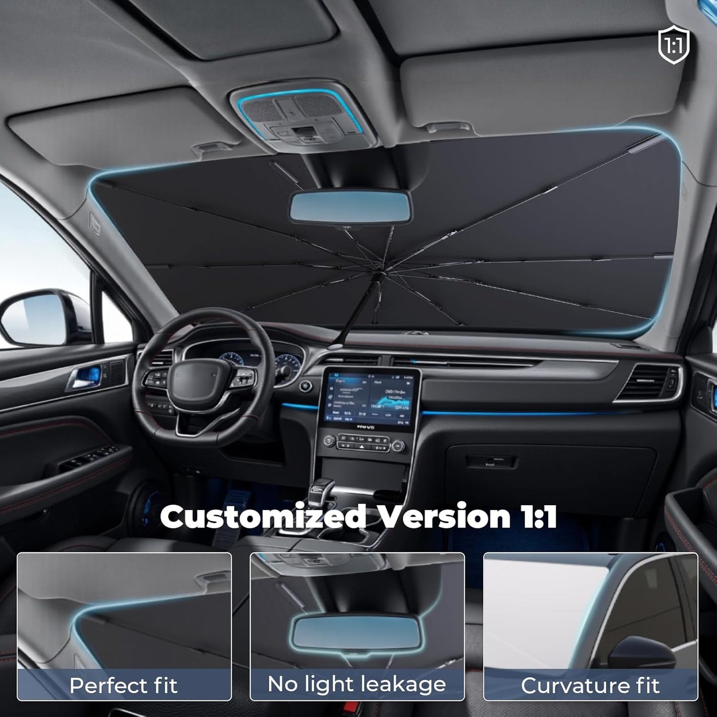 Windshield Sun Shade Umbrella Compatible with 2017-2024 Chevy Bolt EV Accessories: Custom Fit 240T Silver, Double Thickened, Foldable Window Sunshade, Ultimate 99% UV Blocking for LT, Premier