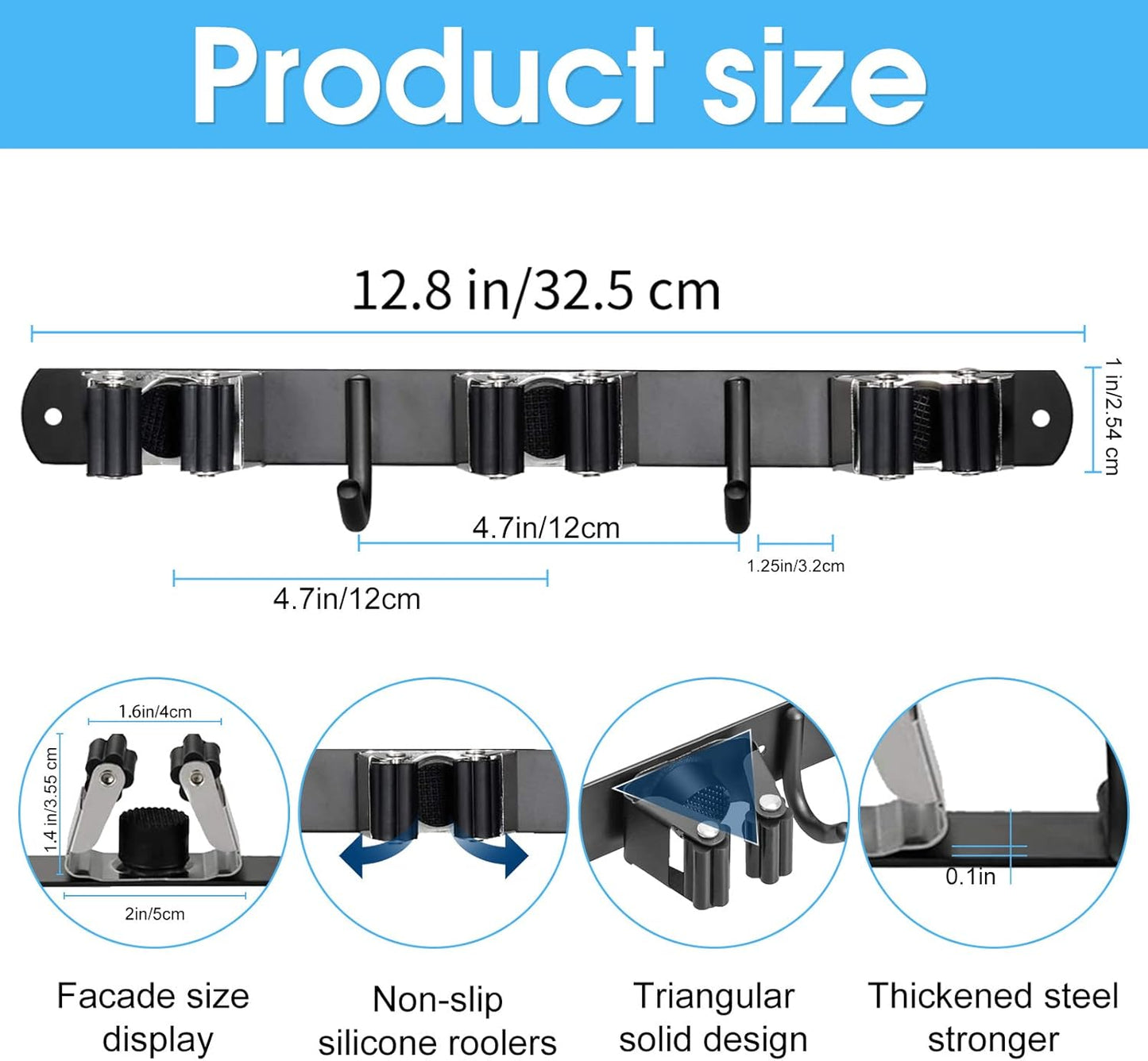 Huryfox Heavy-Duty Stainless Steel Broom Holder, Black, Wall Mount, 1-4 cm Diameter Compatible, Adjustable, 3 Racks, 2 Hooks, Space-Saving