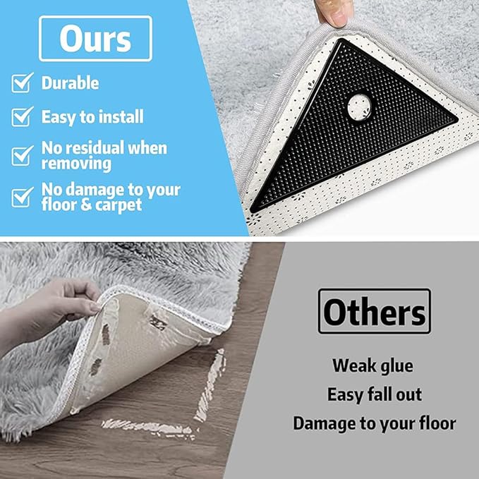 4 Pcs Carpet Tape, Reusable Anti Slip Rug Grips, Big Anti Slip Rug Pads Keep Corners Flat, Washable Carpet Tape for Area Rugs, Rug Stickers for Wood Floor (Black)