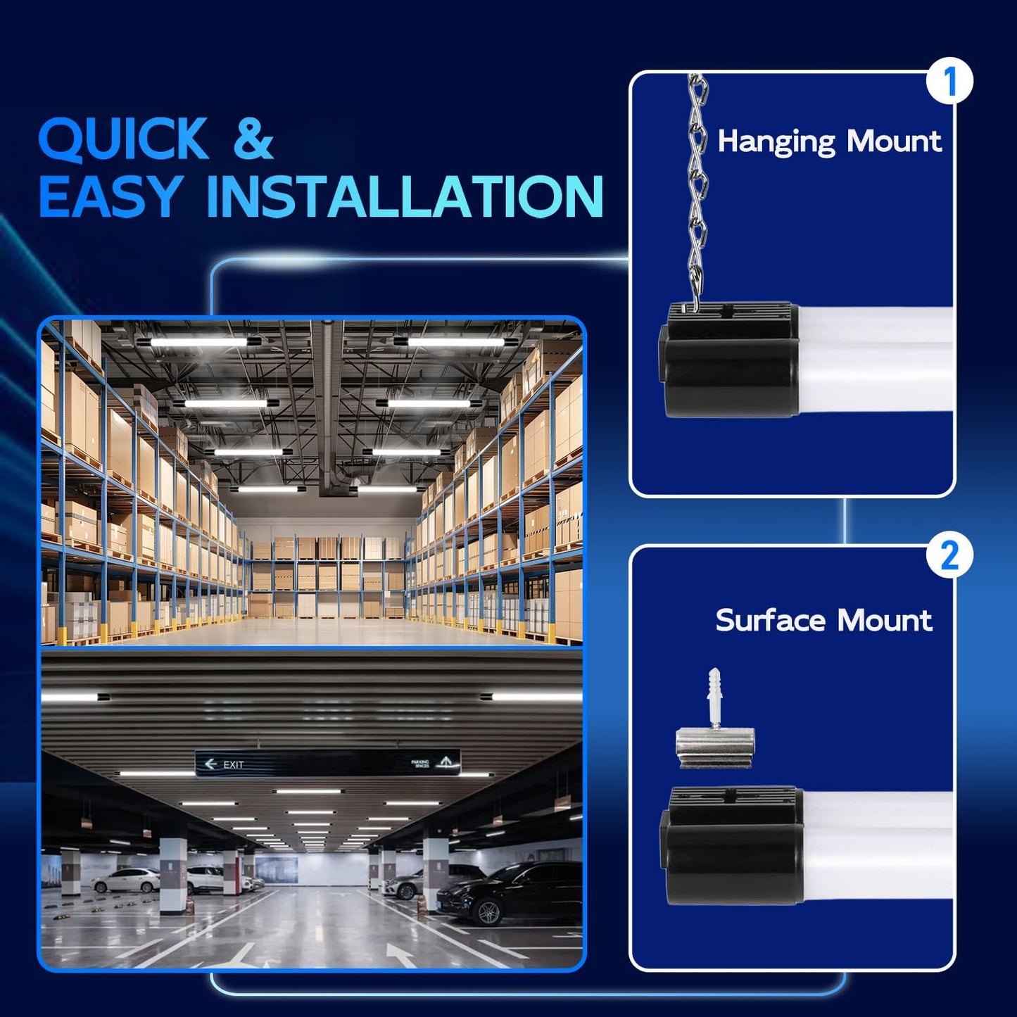 hykolity 4 Pack Linkable LED Shop Light for Garage, 2FT 22W Utility Light Fixture, 2500lm, 5000K Daylight LED Workbench Lighting with Power Cord, Hanging or Flush Mount, Black - ETL