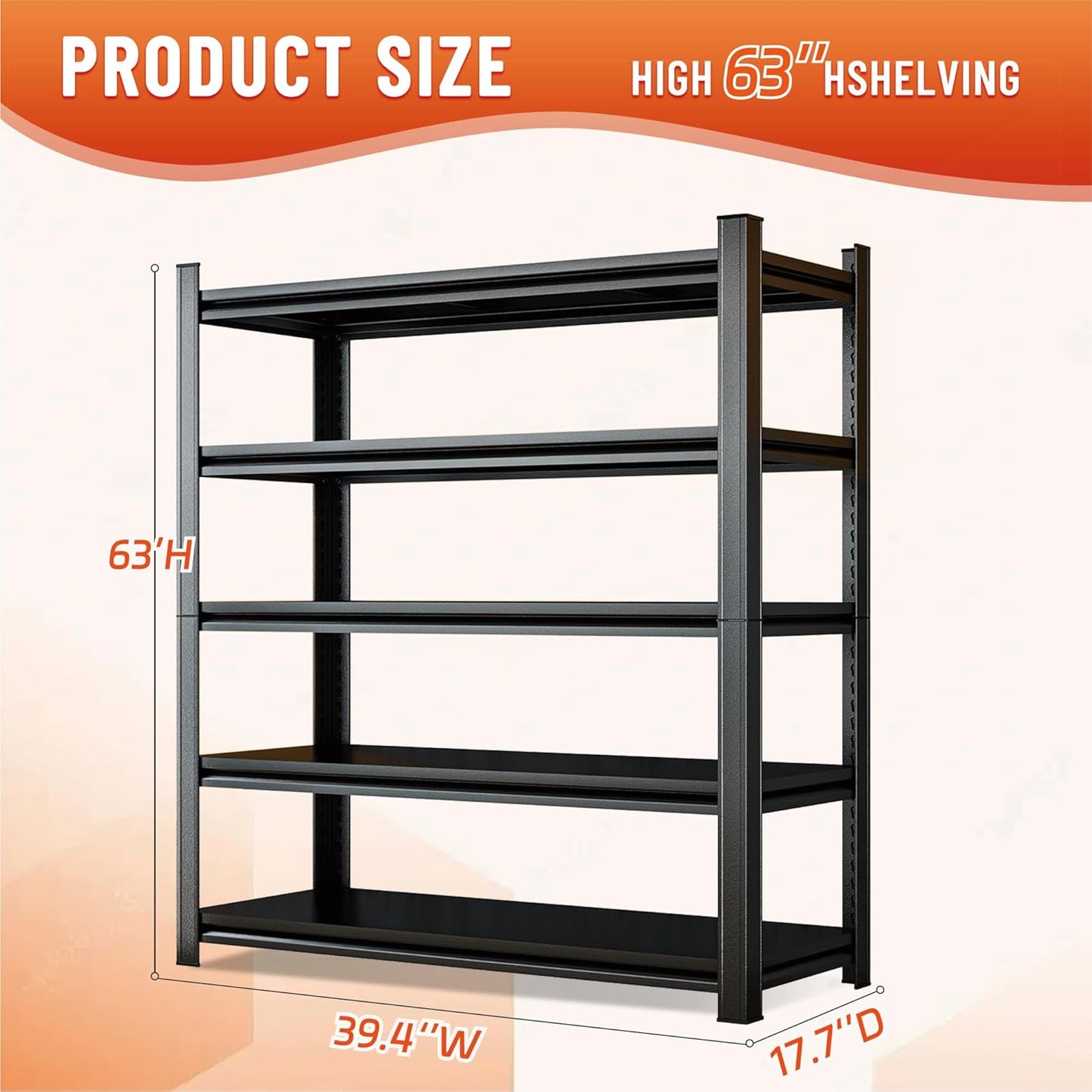 Heavy Duty 5-Tier Shelving Unit 2500LBS Capacity - Adjustable Steel Garage Shelves for Warehouse, Basement Storage(63''H x 39.4''W x 17.7''D)