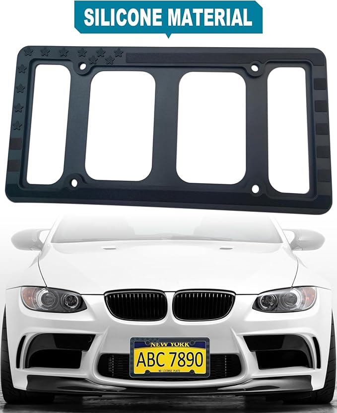 American Flag License Plate Frames- Black Silicone Patriotic Car Tag Holder with Mounting Hardware & Screws Caps，2 Pack Front Rear for Men & Women