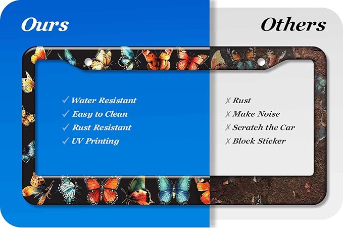 2PCS Beautiful Butterfly Pattern License Plate Frames for Men Women - Universal Aluminum Stainless Steel Personalized Car Tag Covers Holder with Screws, Caps, Rattle Proof Pads and Handlebar Stickers