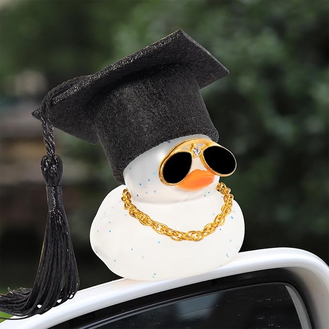 wonuu Car Dashboard Decor Graduation Hat Color Rubber Duck, Car Ducks Ornaments with Mini Graduation Hat Necklace Sunglasses (Transparent)