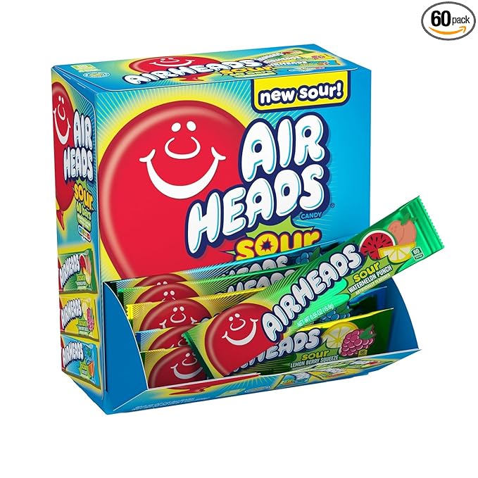 Airheads Sour Full-Sized Halloween Trick or Treat Taffy Candy Bars, Watermelon Punch, Blue Blast & Lemon Berry Squeeze, Individually Wrapped Candy for Adults & Kids, Party Favors, 60 Count