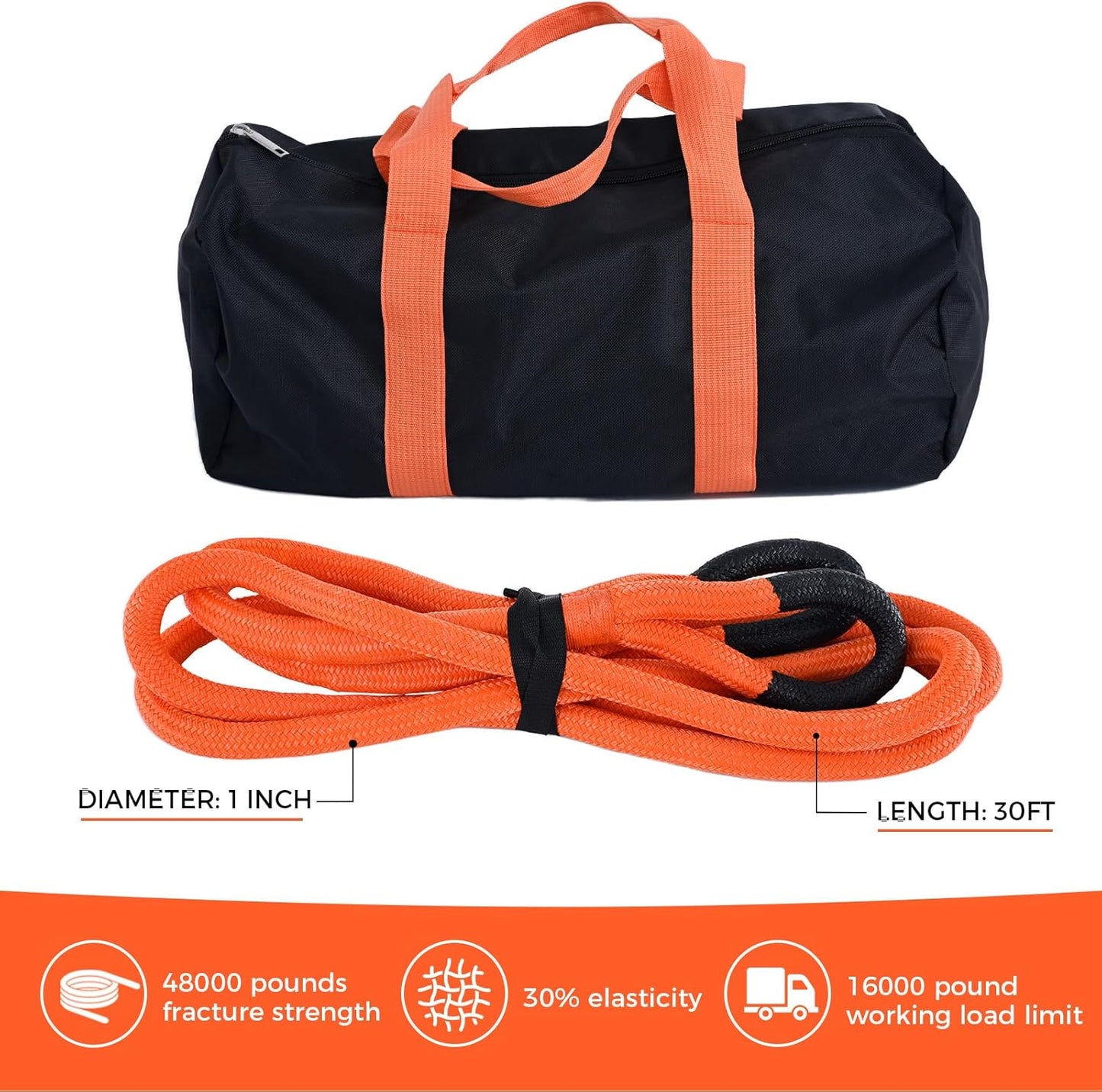 Kinetic Recovery Tow Rope, 48000LBS Snatch Strap (1" x 30ft) with Soft Shackles, Extreme Duty 30% Elasticity Energy Offroad Towing Straps Kit for Car Jeep Trucks SUV UTV ATV Tractor - Orange