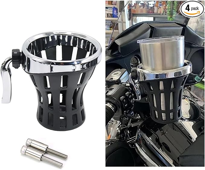 Motorcycle Handlebar Drink Cup Holder Plated and Rubber Chrome/Black Mount for Harley Davidson Passenger Water Bottle Holder with Mesh Basket for Honda Goldwing GL 1800 (102/142 MM)