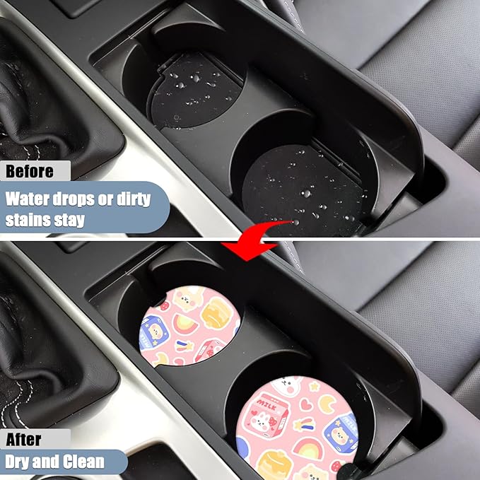 Car Cup Holder Coaster - Milk Strawberry Rabbit Absorbent Ceramic Coaster 2 Pack, Car Coasters for Cup Holders, Fashion Car Interior Accessories Drink Coaster for Women & Men