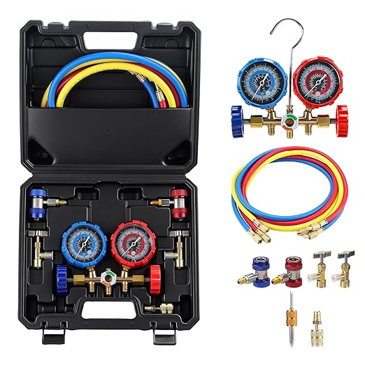 GEARLAST Digital HVAC Manifold Gauge Set, 3 Way AC Refrigerant Pressure Gauge for R134 R22 R12 R502, Recharge & Recovery Professional Automotive & Air Conditioning Tool Kit with Hoses