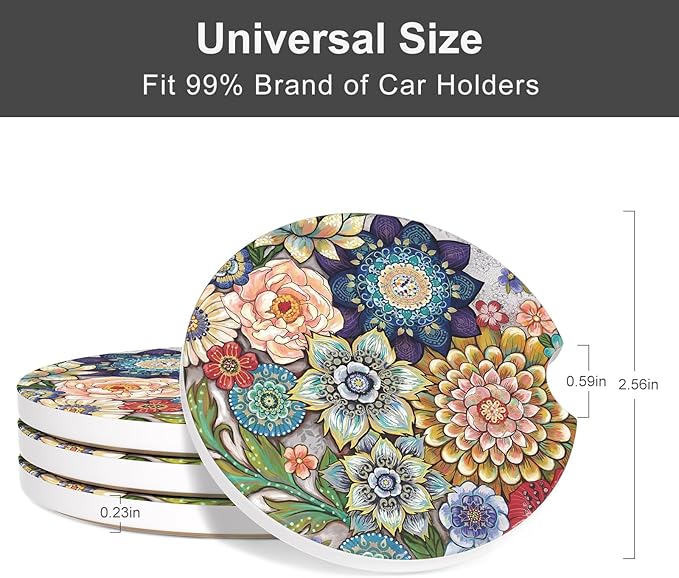 Car Cup Holder Coaster, Car Coasters for Cup Holders, 4 Pack Universal Anti Slip Insert Absorbent Ceramic Auto Interior Accessories with A Finger Notch & Cork Base, Mandala Flowers