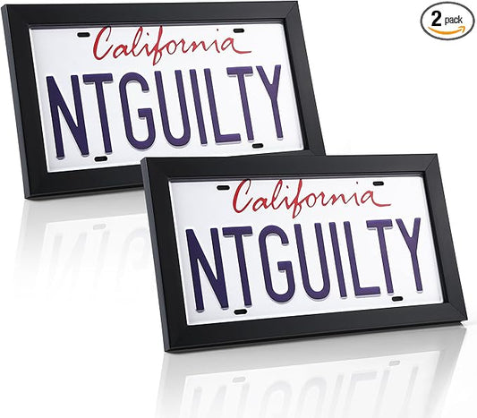 Feekoon 2 Pack License Plate Wall Frame, 13.7" x 7.4" Modern Black Display License Plate Cover with 98% UV Protection Acrylic Imitation Wood Polystyrene License Frame Display Vehicle Tag with Hanger