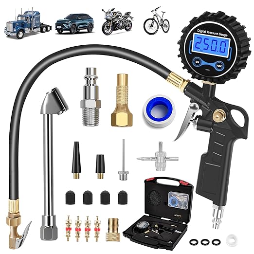 Digital Tire Pressure Gauge with Inflator 250 PSI, Heavy Duty 360° Air Chuck Air Compressor Attachments, Improved Leaks Protection & Extended Hose Tire Gauge, 0.1 Display Resolution, with Storage Box