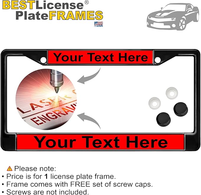 Custom Personalized Black Powder-Coated Metal Laser Engraved Standard Size - Car/Automobile License Plate Frame with Free caps - Red/Black Text (Qty: 1 Frame)