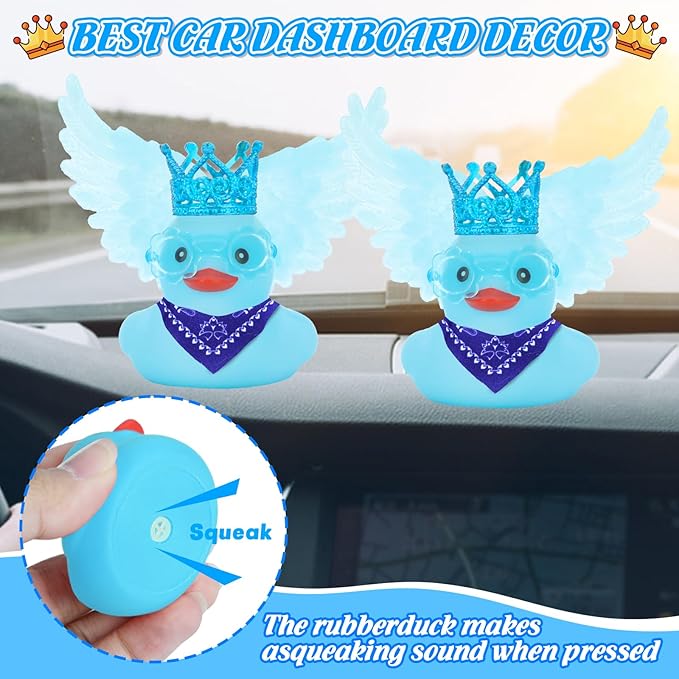 BOZILY Blue Angel Rubber Ducky Car Dashboard Decor - Squishy Rubber Duck with Blue Crown, Sunglasses, Scarf & Wing, Stress Relief Car Accessory for Adults, Includes Adhesive Stickers