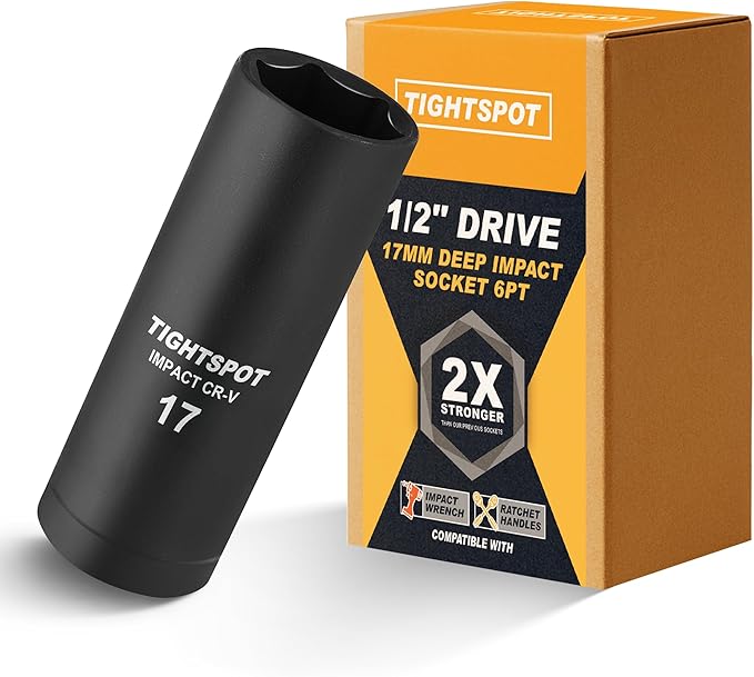 TIGHTSPOT 1/2 Inch Drive 17 mm Deep Impact Socket with Anti-Rounding 6 Point Design, Heat-Treated CRV Steel