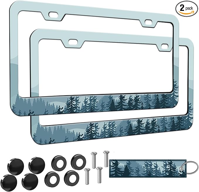 2pcs Blue Mountain Forest License Plate Frame for Women, Blue Mountain car Decorative tag Frames Girly, Natural License Plate Cover Holder for Vehicle with Double Sided car Keychain tag