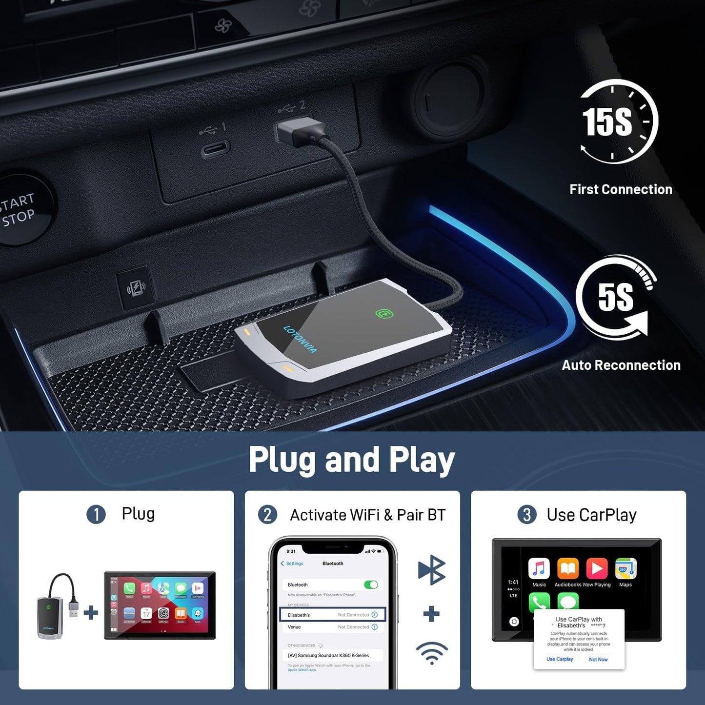 Wireless CarPlay Adapter for iPhone, Upgraded 5.8GHz Carplay Wireless Adapter Converts Wired to Wireless, Plug & Play, No Latency, Fast Stable Connect to iPhone iOS 10+, Fit for Cars from 2015