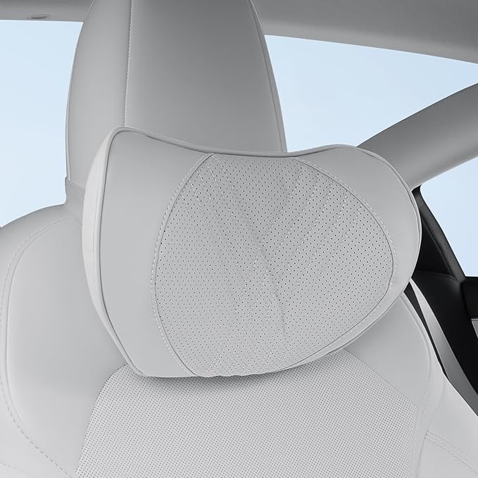 Car Neck Pillow Memory Foam Premium Leather Headrest Neck Support Cushion Universal for Driving Home Office, White,1PC
