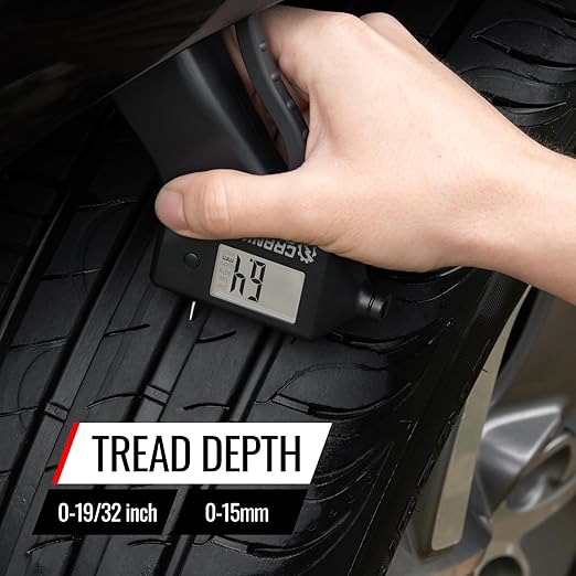 Battery-Free Tire Pressure Gauge (5-99 psi) and Tread Depth Meter (0-15mm) for Car, SUV and Motorcycle – Crank-Powered, Digital Display, Accurate and Eco-Friendly