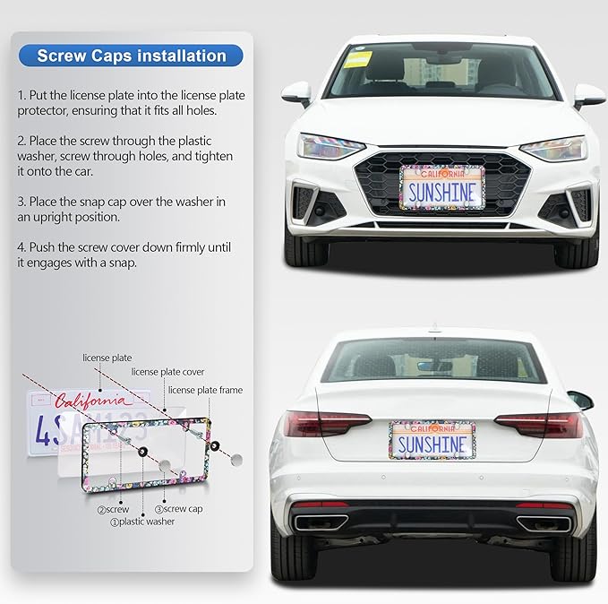 2pcs License Plate Protector Unbreakable License Plate Frames and Covers Set Front and Rear Clear License Plate Cover Beautiful Flowers License Plate Frames Fits Standard Us Plates with Screws Caps