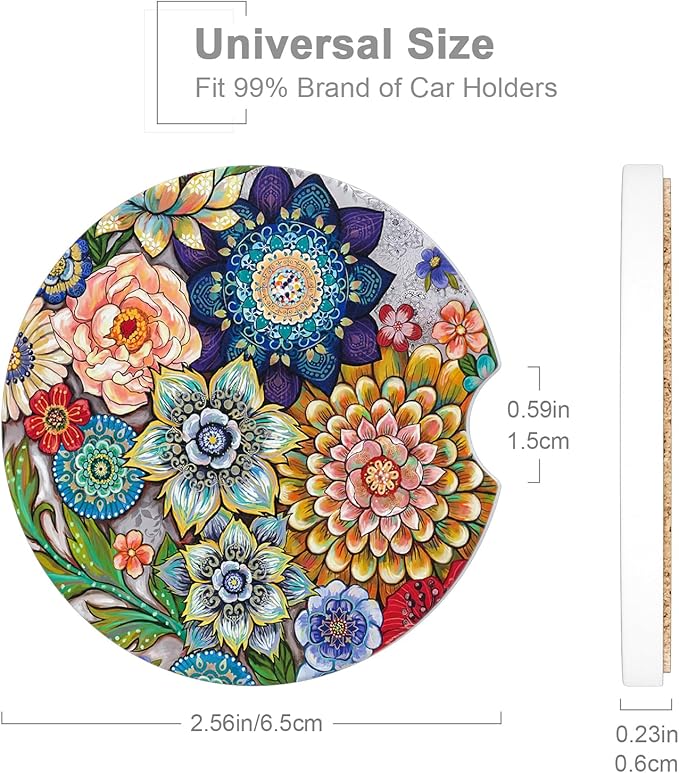 Car Cup Holder Coaster, Car Coasters for Cup Holders, 2 Pack Universal Anti Slip Insert Absorbent Ceramic Auto Interior Accessories with A Finger Notch & Cork Base, Mandala Flowers