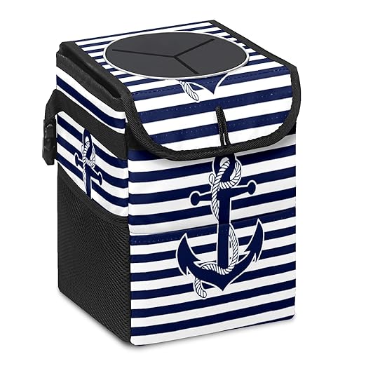 Car Trash Can Nautical Navy Blue Anchor Auto Garbage Bag Car Trash Can with Lid Leak-Proof Car Storage Bag Auto Garbage Bag Hanging for Headrest Collapsible and Portable with Storage Mesh Pocket
