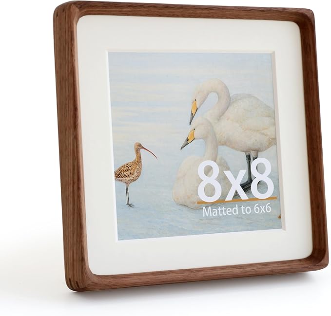 Natural 8x8 Picture Frame with Mat for Pictures 6x6, Square Standing Desk Photo Frame, Plexiglass,Solid Walnut Wood，Tabletop and Wall Hanging