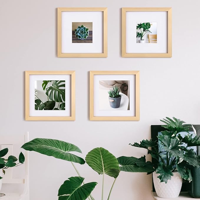 Egofine 8x8 Picture Frames Natural Wood Frames with Plexiglass, Display Pictures 4x4/6x6 with Mat or 8x8 Without Mat Set of 4 for Tabletop and Wall Mounting